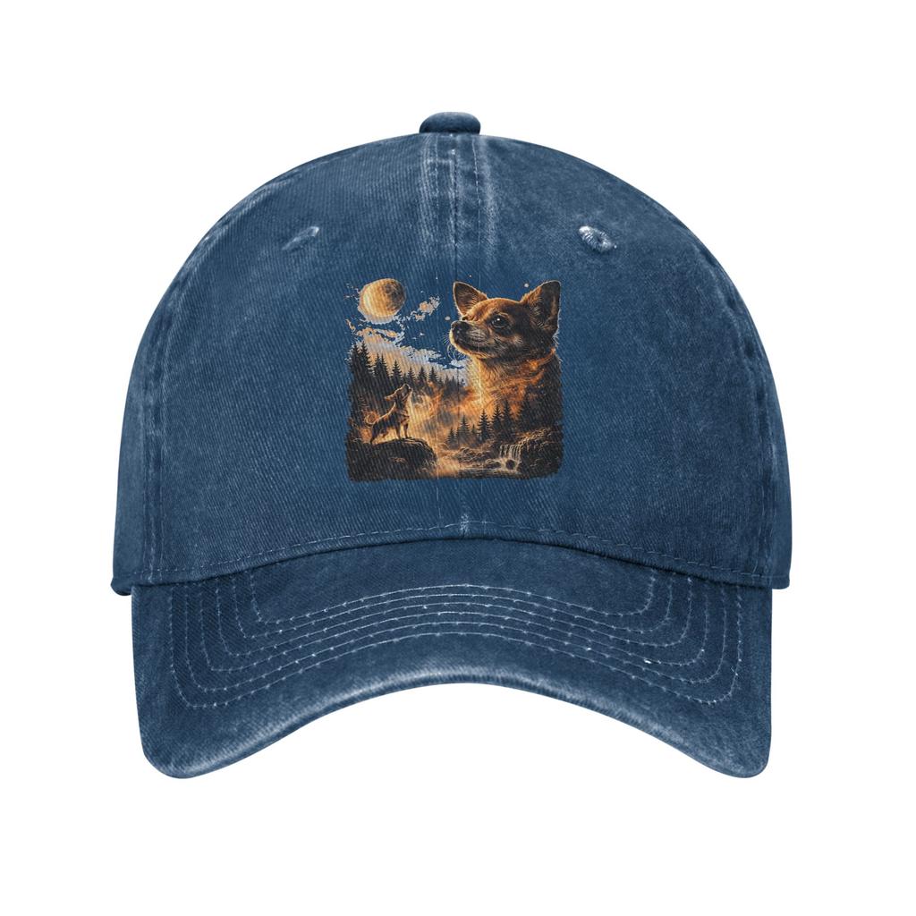 Chihuahua Howling To The Moon Sun Baseball Cap  Y2k Retro FeUnisex Unisex Washed Trucker Hat Baseball Caps Birthday Present