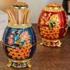 Automatic Push-type Toothpick Box Alloy Enameled Peacock Toothpick Organizer Holder Display Party Desktop Decoration Unique Gift