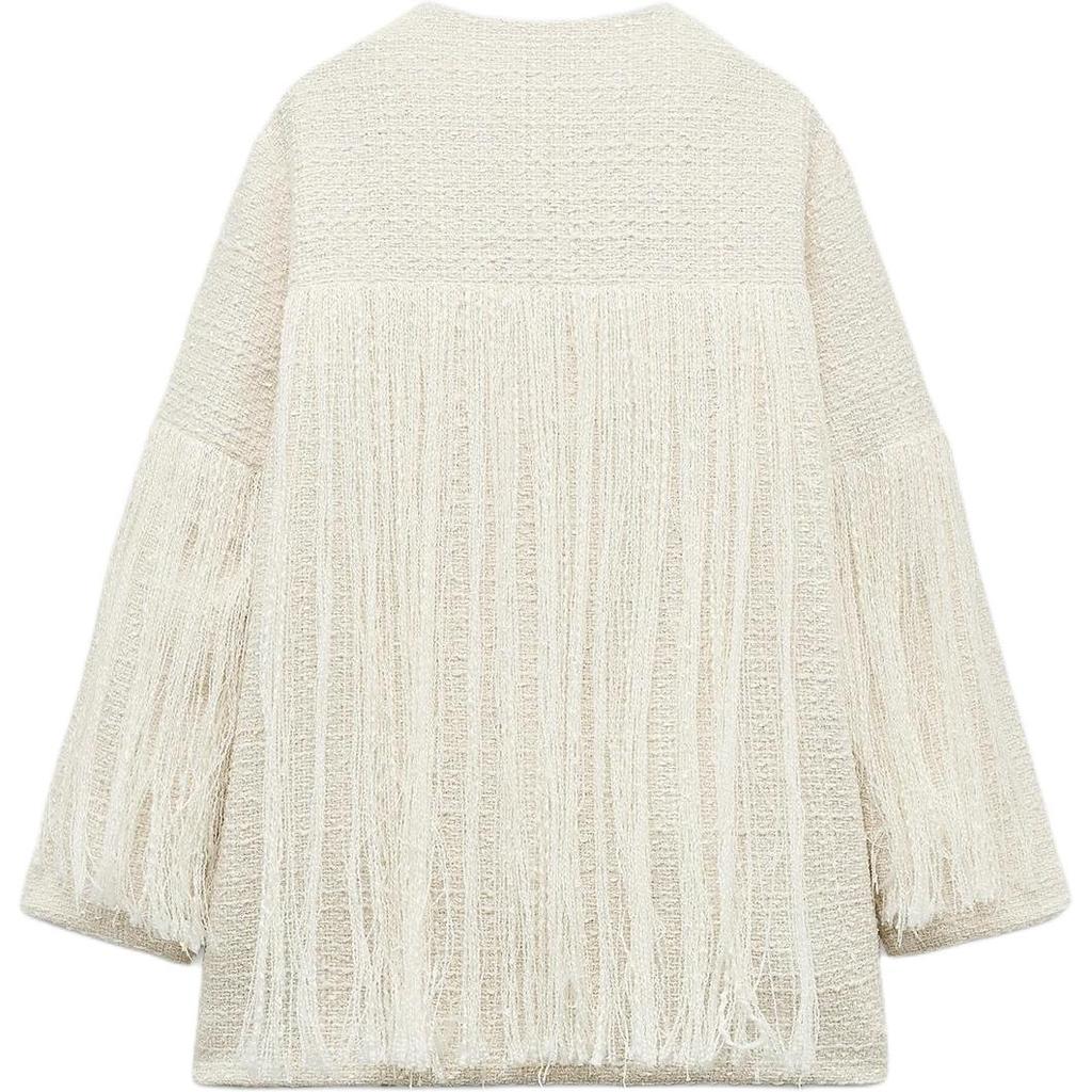 Zara Textured Fringe V-Neck Long Sleeve Jacket Women Jackets Beige 4786303-712