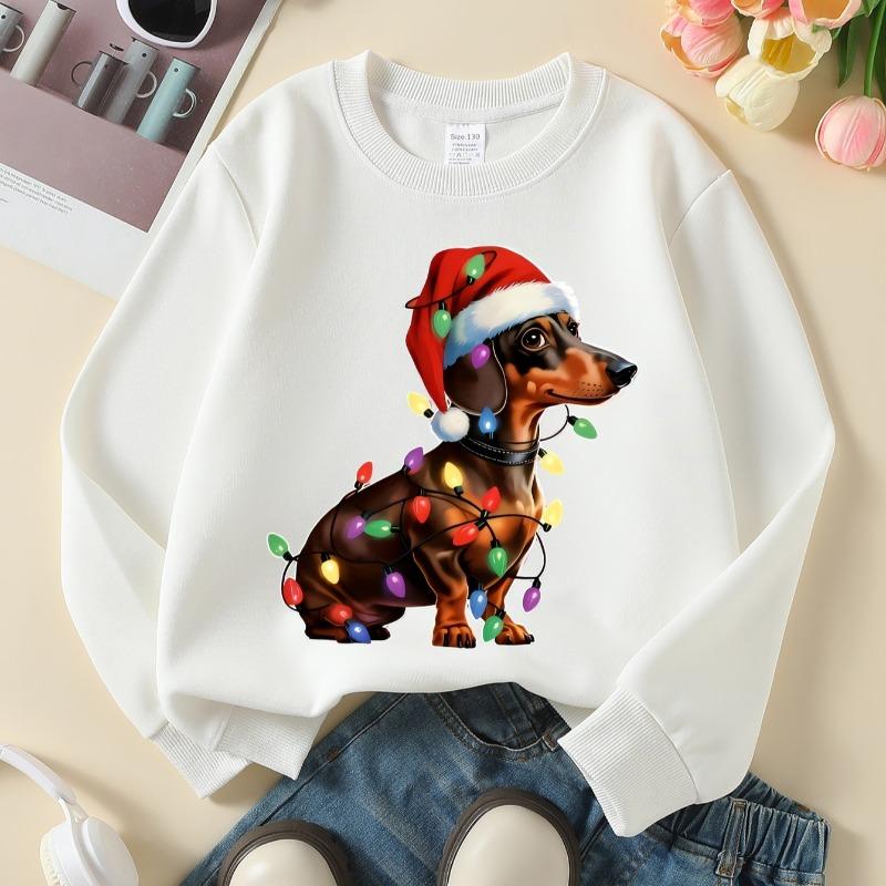 Kids Crewneck Long Sleeve Sweatshirt,achshund Dog with Christmas Lights & Holiday Hat Print