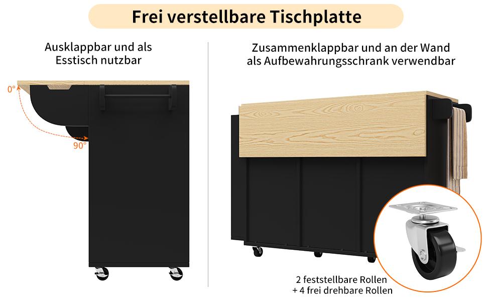 Mobile da Cucina, Carrello da Portata, Carrello da Cucina con Ruote, Piano di Lavoro, Portaspezie e Portasciugamani, Isola da Cucina con Ante Scorrevoli e Cassetti, Nero