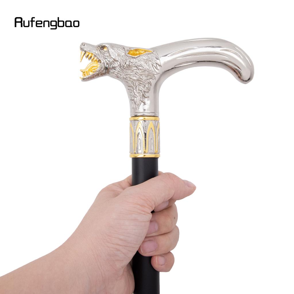 Canne de Marche Tête de Loup Blanc Doré Mordant Canne de Marche Décorative de Mode Gentleman Élégant Canne de Cosplay Pommeau Crosse 93cm