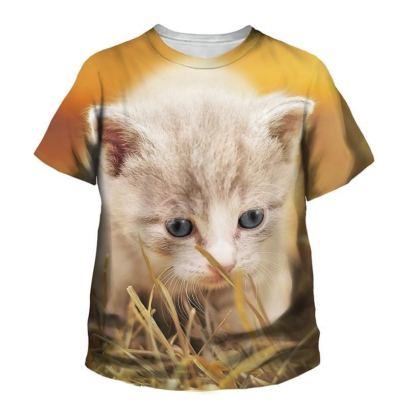 Summer Round Neck 3D Printed Cute Cat Pattern Top Fashionable Casual Short Sleeved Children's Boy and Girl Kids Unisex T-shirts