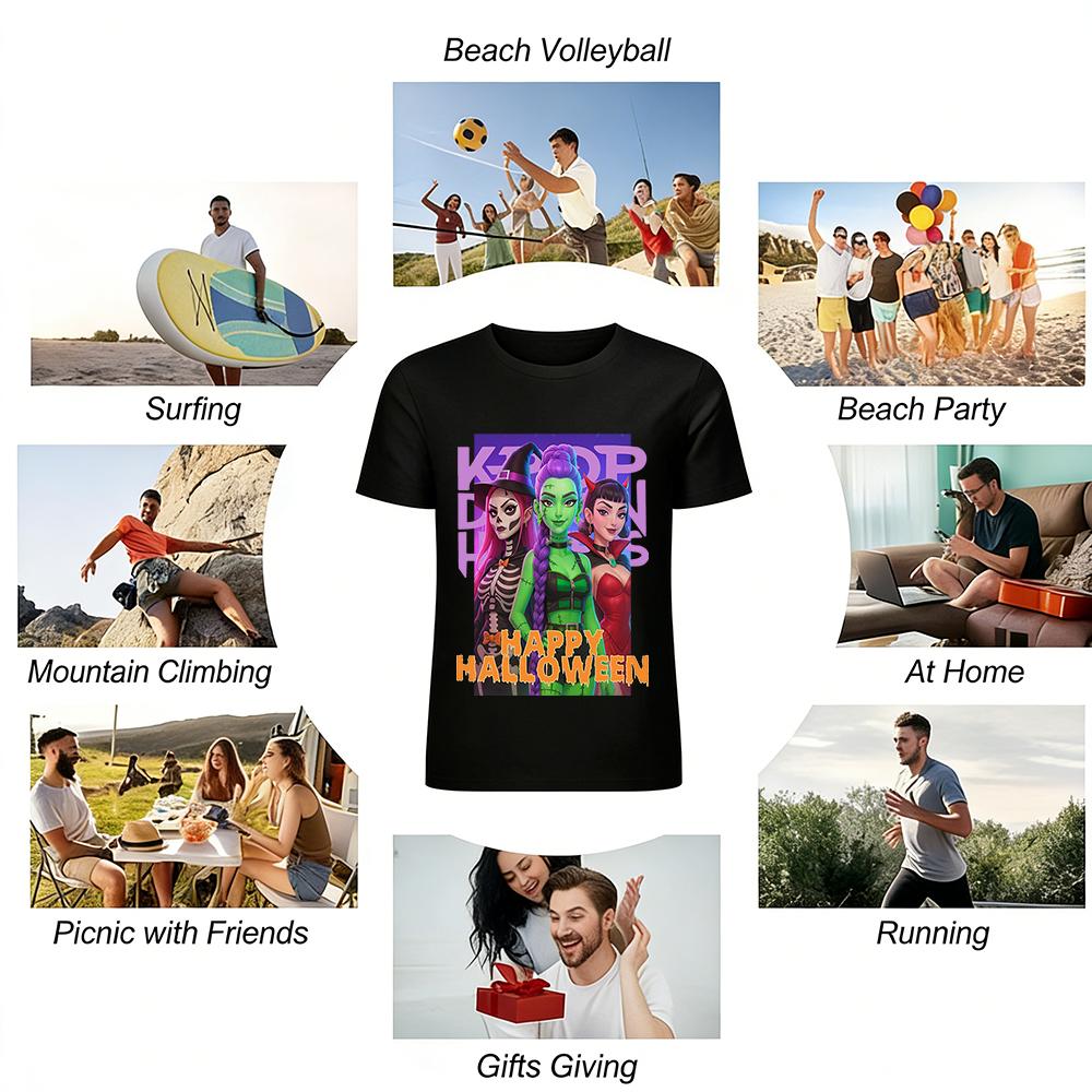 Halloween K-pop Style Top with Skeleton Frankenstein Vampire Graphic Print for Women Pure Cotton T-shirt