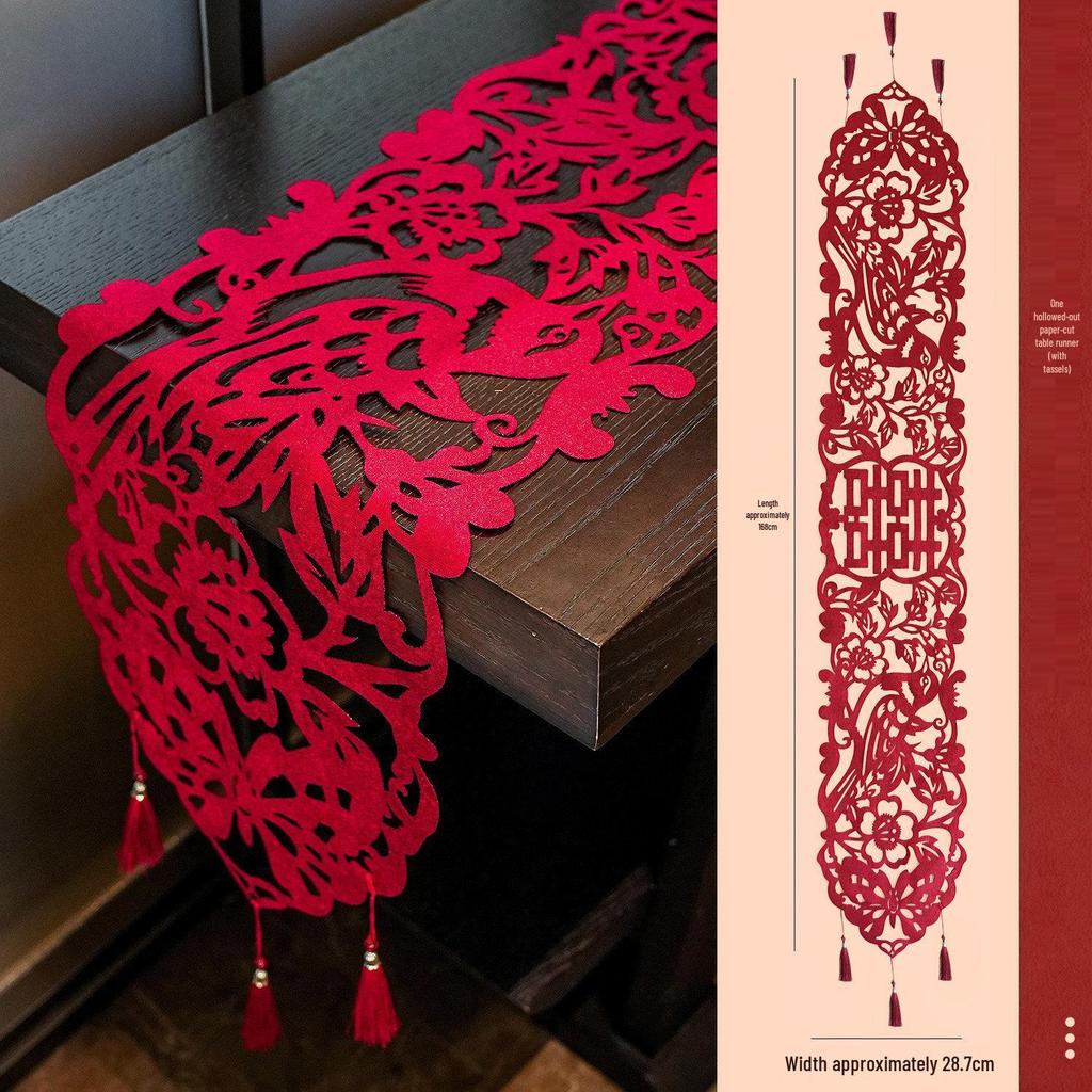 Chinese Wedding Table Runner with Tassels - Dragon & Phoenix Design