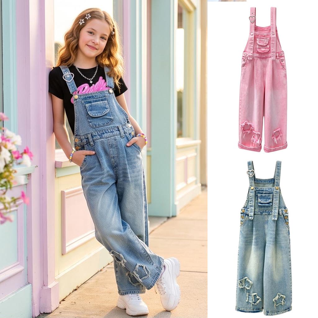 Girls Floral Embroidered Denim Overalls Loose Fit Casual One-Piece Jumpsuit for Everyday Wear