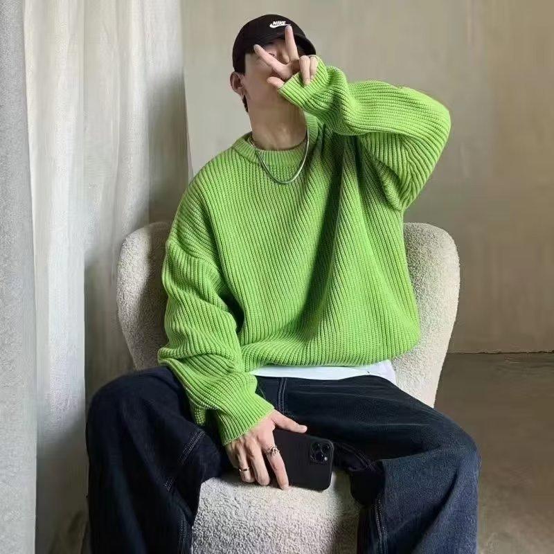Loose Men's Pullover Knitwear Solid Color Round Neck Winter Base Layer Hong Kong Style Casual Crew Neck Sweater Autumn Winter
