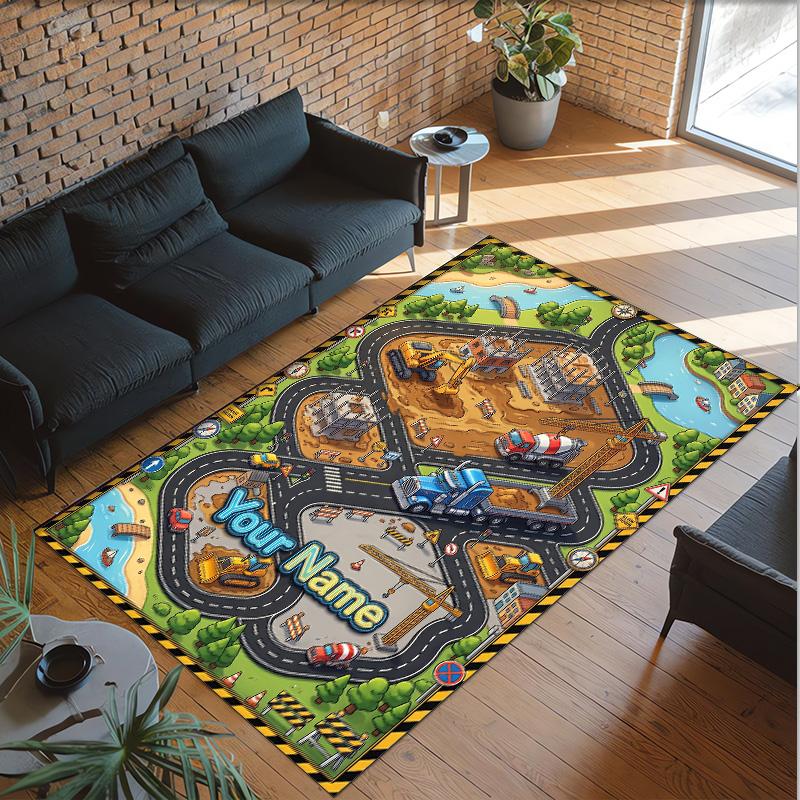 Construction Vehicles Theme Crystal Velvet Rug Personalized Custom Name Text Soft Floor Mat Home Decor