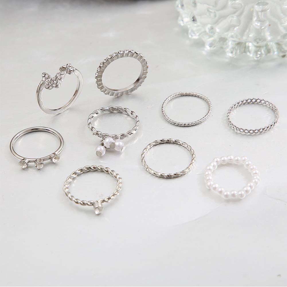8pcs/set Gold Star Leaf Pearl Rings Personalized Fashionable Rings Set Alloy Rings Women Jewelry Accessories