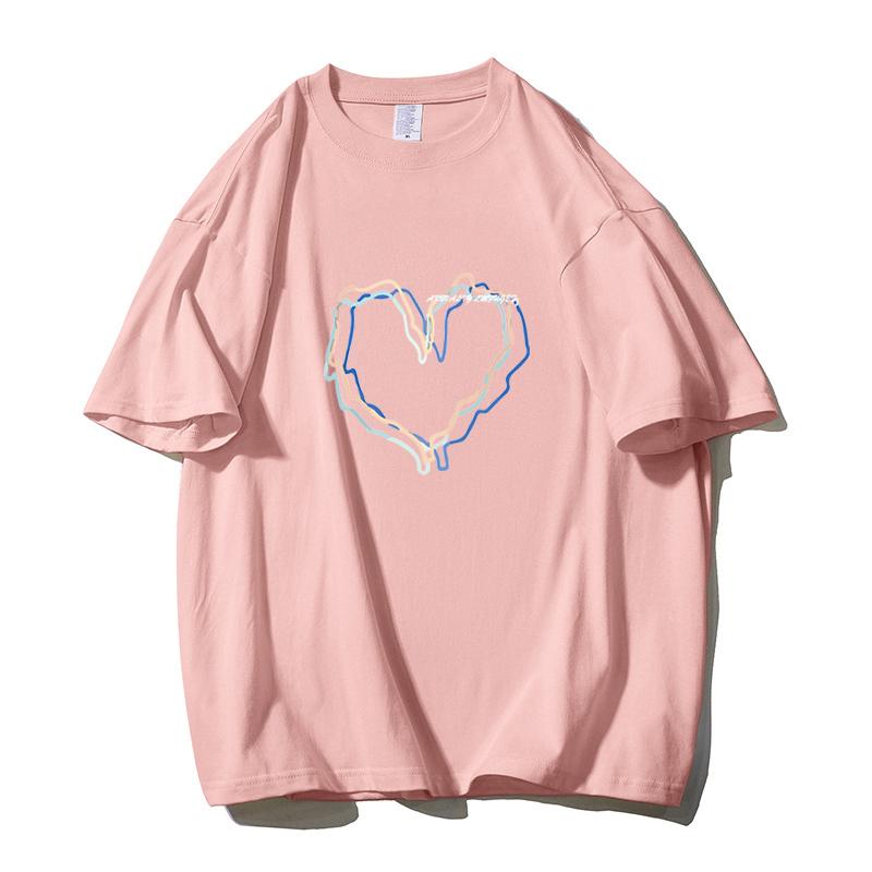 Shellsuning Loose O Neck Cotton Printed Shirts Women Summer Kawaii Heart Graphic Tees Female Casual Short Sleeve Base Black Tops