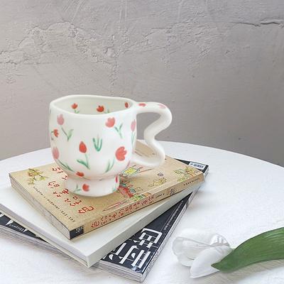 Creative Ceramic Coffee Cup Hand Pinched Irregular Mug with Handle Floral Pattern Breakfast Milk Cereal Cup Couple Birthday Gift