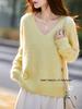 Women's V-Neck Cashmere Wool Pullover Sweater - Seamless, Brushed Knit, Long Sleeve for Autumn/Winter