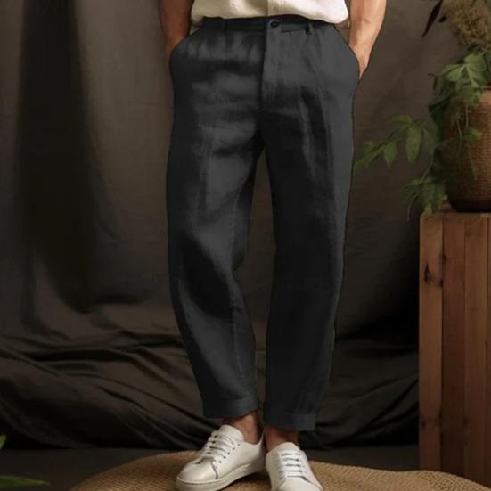 Heren Broek Middelhoge Taille Knop Rits Sluiting Casual Broek met Zakken Effen Kleur Losse Pasvorm Lichtgewicht Ademende Broek