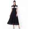 Summer New Arrival Black White Lace Chiffon Patchwork Slim-Fit Long Dress for Women Fashionable Short Sleeve Pleated Midi Dress