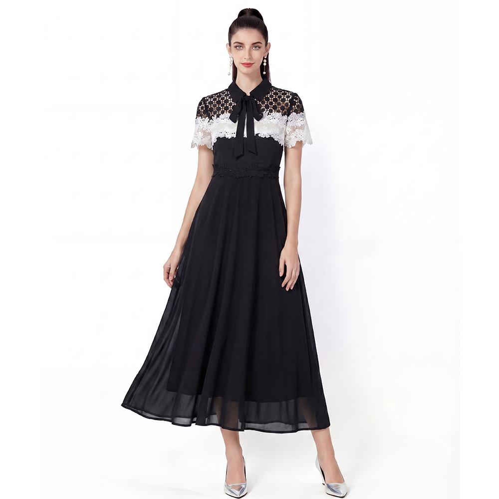 Summer New Arrival Black White Lace Chiffon Patchwork Slim-Fit Long Dress for Women Fashionable Short Sleeve Pleated Midi Dress
