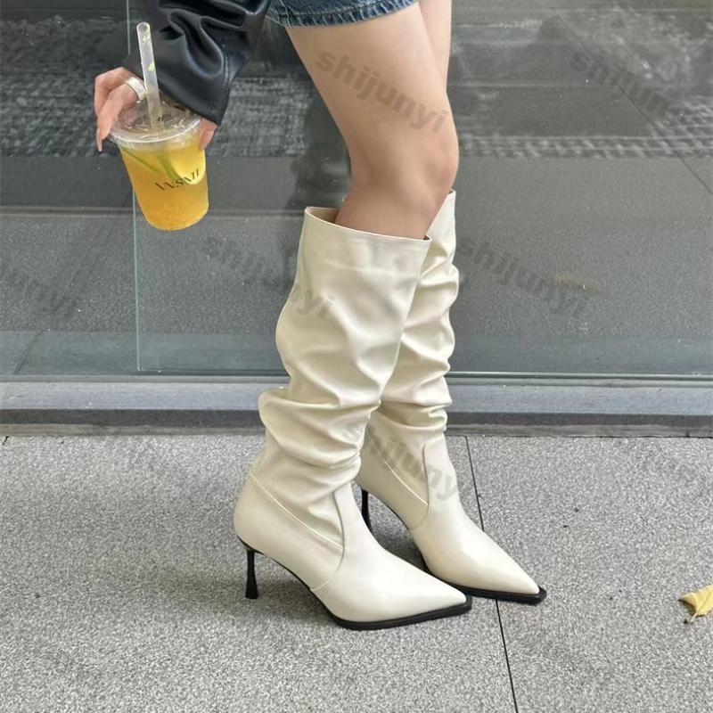 Women Pointy Pleated Boots High Heels Black Female Knee High Boots Women Autumn Fashion Stiletto Ladies Pointy Rubber Footwear