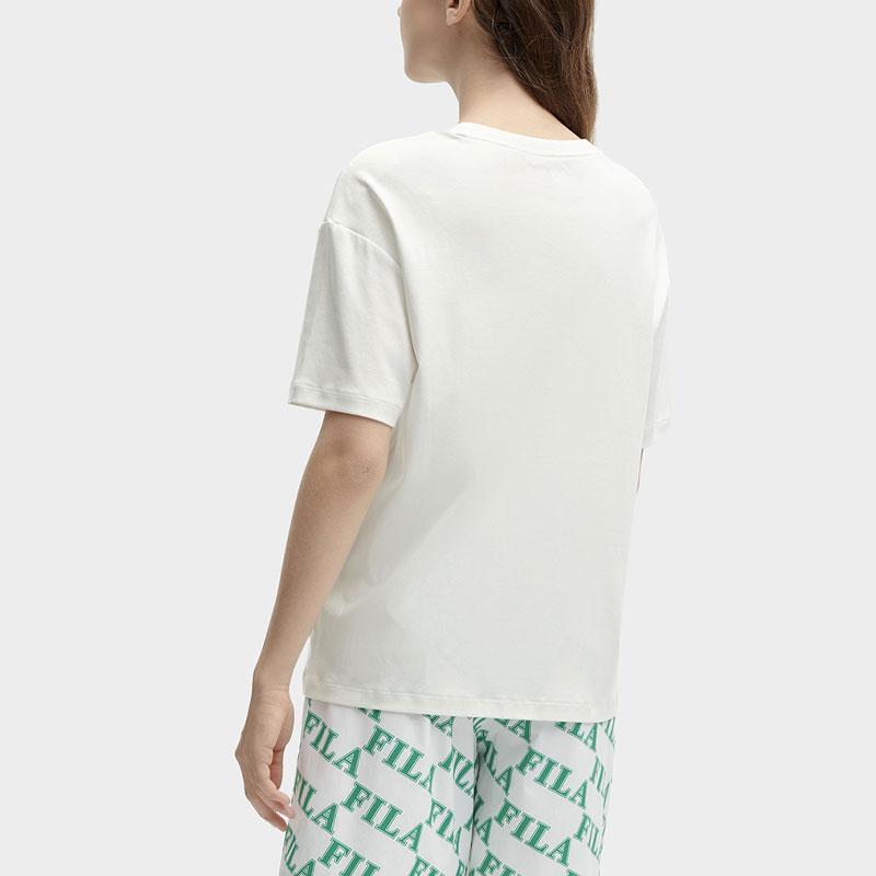 FILA Letter Print Fashion Casual Loose Color Block Short Sleeve Drop Shoulder T-Shirt Women Tops Cloud-Mushroom-White F11W419106F-WT