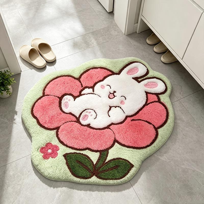 Cute Rabbit On Flower Shaped Plush Bath Mat Non Slip Absorbent Cartoon Animal Bedroom Bathroom Floor Decor Rug