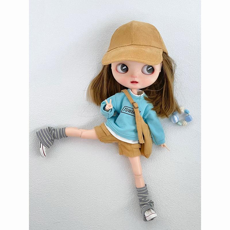 New Arrival Blythe Clothes Fashion Sweater Corduroy Shorts Crossbody Bag Caps Casual Set for Blyth OB24 Pullip 1/6 Doll Outfit