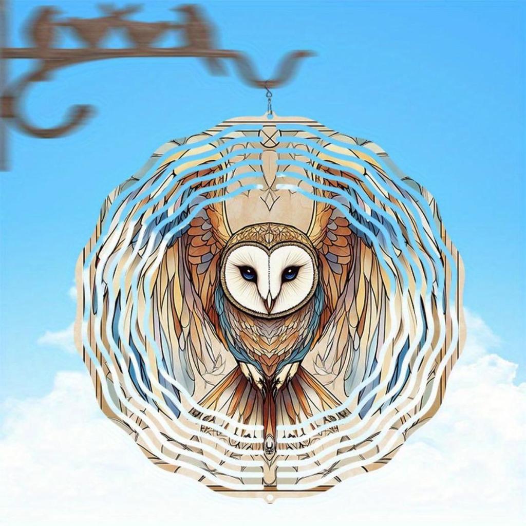 Owl-Design Metal Windmill Garden Decor – Dual-Direction Spinning Wind Chime, White Face & Owl Art, Outdoor Hanging Ornament – Easy