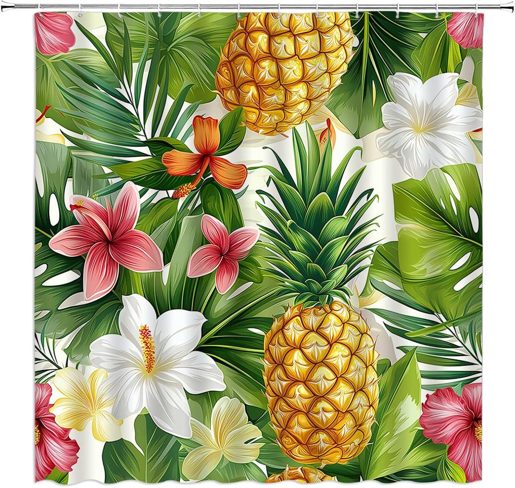 Leopard Palm Shower Curtain - Cheetah Tropical Jungle, Pink Yellow Green, Boho Modern Art, Polyester, Includes Hooks, Bath Decor