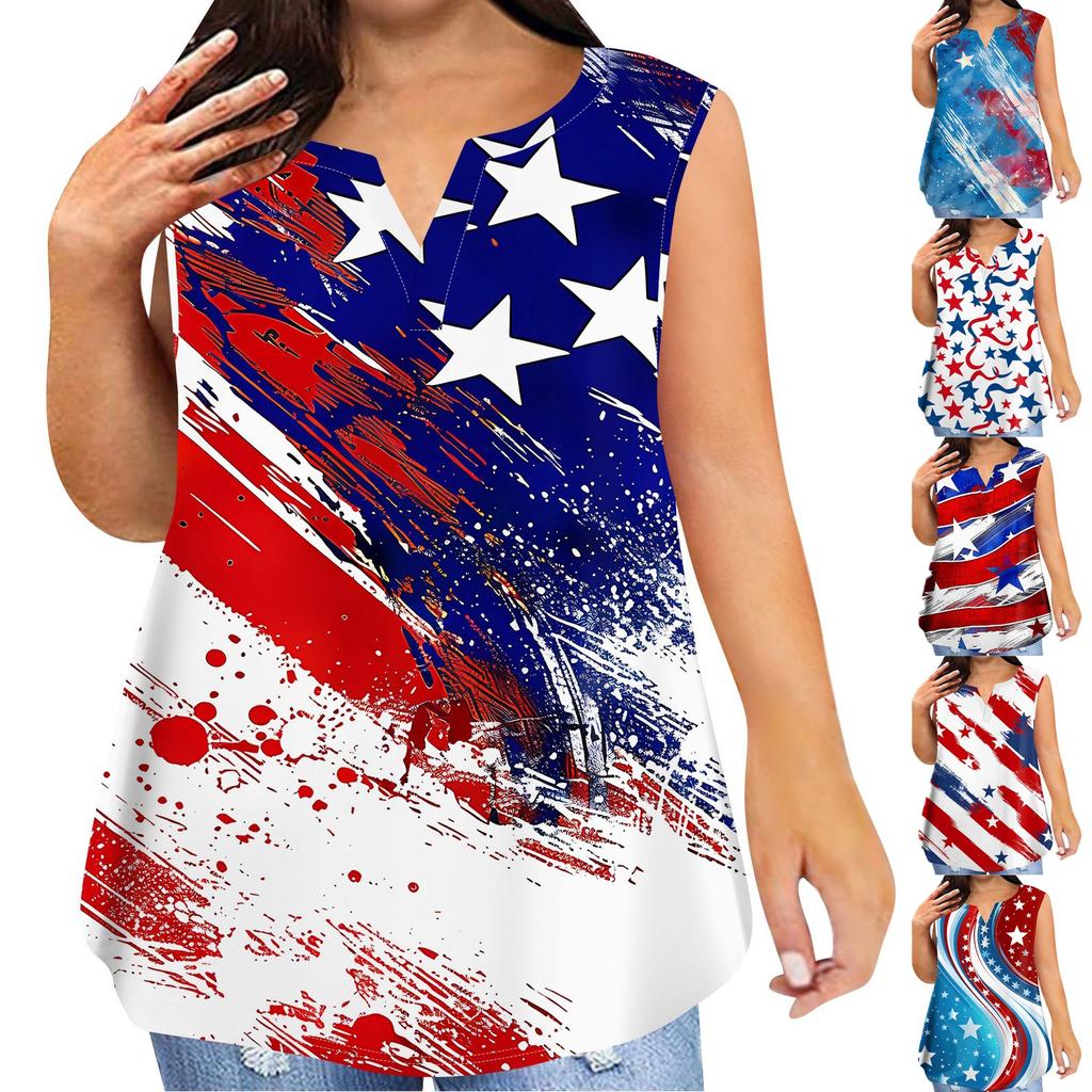 Women's Fashion Casual Large Size V-Neck Sleeveless Vest Printed T-Shirt Top
