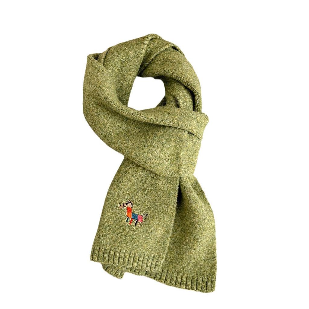 Autumn Knitted Pony Cute Wool Scarf for Women Thickened and Warm Korean Style Scarf Versatile Pony Embroidered Small Scarf