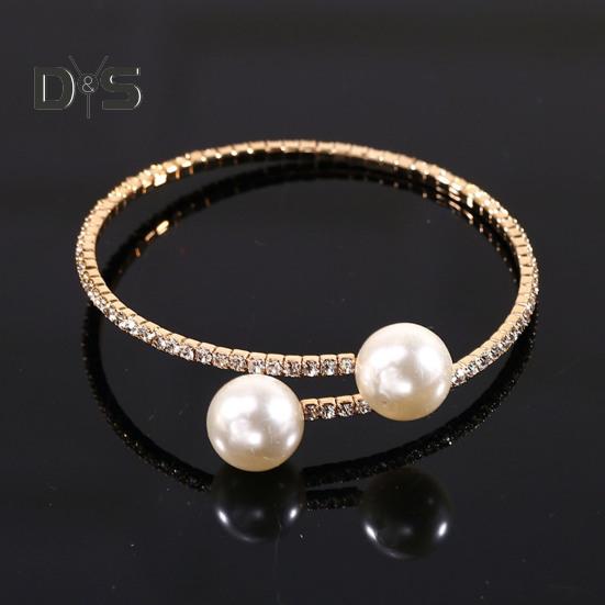 2Pcs/Set Women Elegant Jewelry Set Shiny Rhinestones Faux Pearls Adjustable Open Collar Necklace Bangle Set
