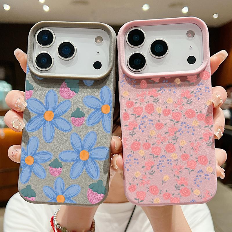 INS Floral Pattern Case For iPhone 17 Pro Max iPhone 16 15 14 13 Pro Max 11 17e 16e Luxury Leather Texture Soft Silicone Matte Cover