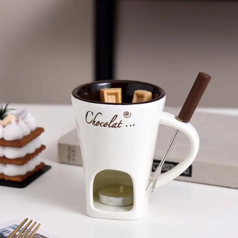 130ml Xícara para Fondue de Chocolate Xícara Europeia com Vela Caneca de Cerâmica Aquecimento de Comida Queijo Criativa Caneca de Café com Garfo Festa de Natal