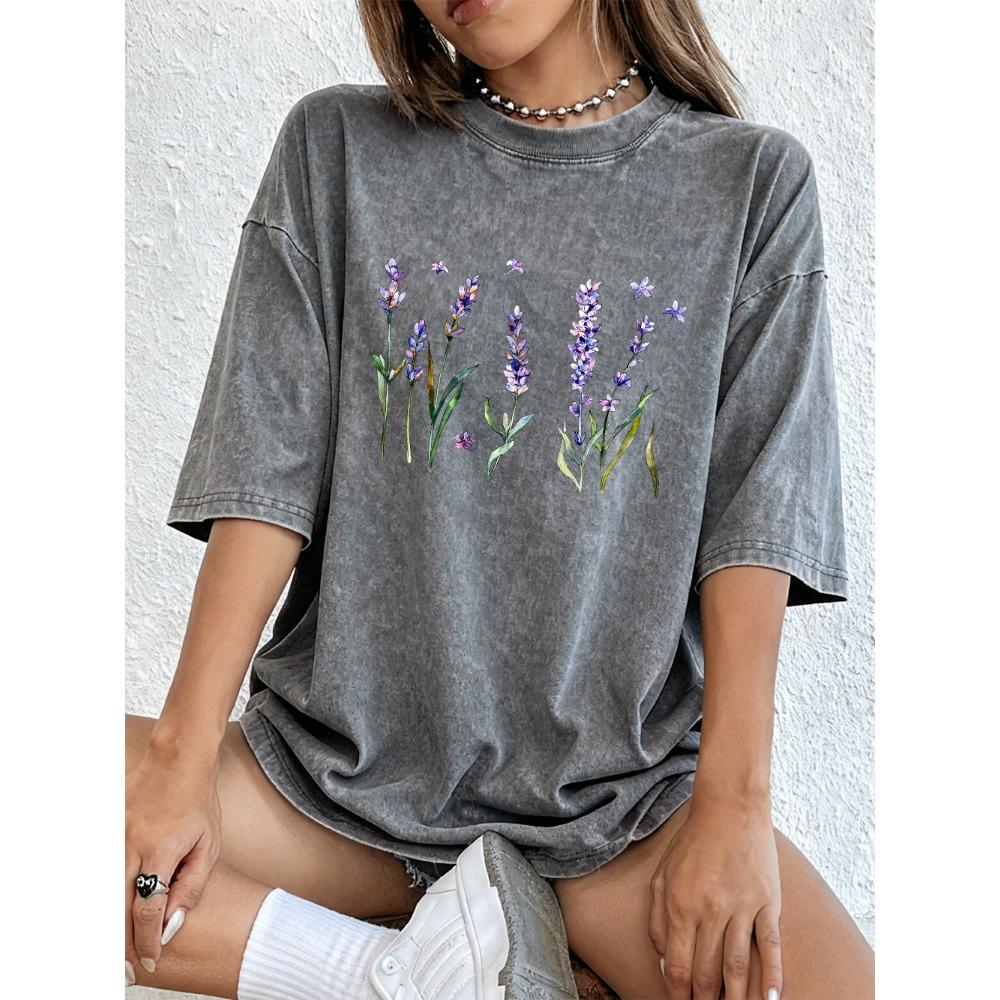 Fresh Lavender Flowers Printing Washed T-Shirts Womens Cotton Short Sleeve Tops Street O-Neck Oversize T Shirts Summer Clothes