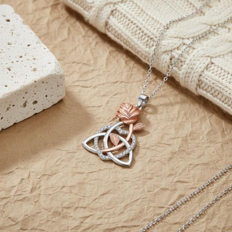 Celtic Knot Heart Rose Pendant Necklace Women Gold Plated Copper Chain Adjustable 41-50cm Cross Link Choker
