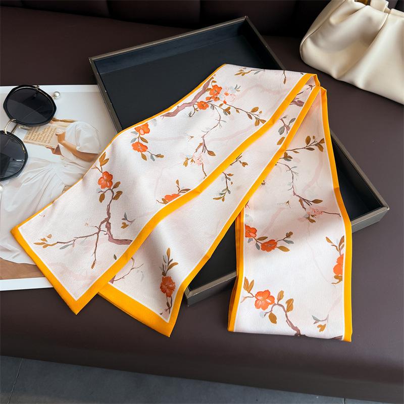 Spring and Summer Flower Double-layer Scarf, Streamer Strap, Bag Decoration, Suit Scarf, Small Long Headband, Silk Scarf, Women's Printing Is Narrow a