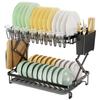 Foldable 2 Tier Stainless Steel Kitchen Dish Rack With Utensil Holder And Non-Slip Base For Countertop Storage