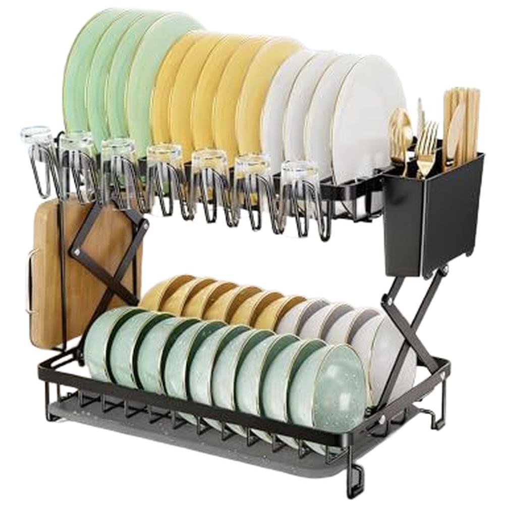 Foldable 2 Tier Stainless Steel Kitchen Dish Rack With Utensil Holder And Non-Slip Base For Countertop Storage