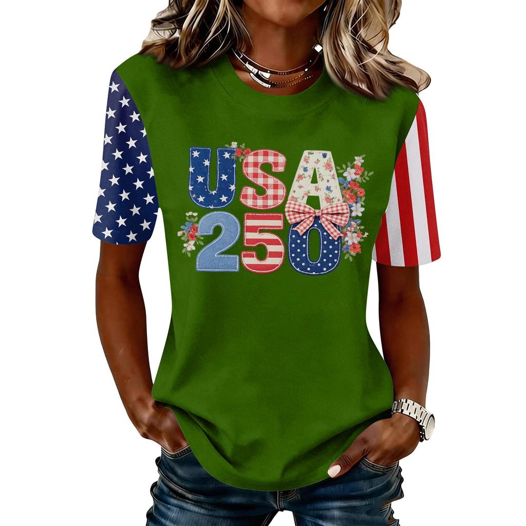 Blusa Feminina da Moda Casual de Manga Curta com Estampa e Gola Redonda