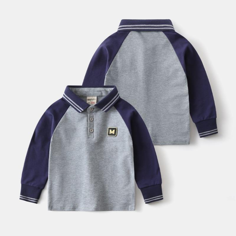 Boys Kids Long Sleeve Turn Down Collar Patchwork Polo Shirt Casual Top