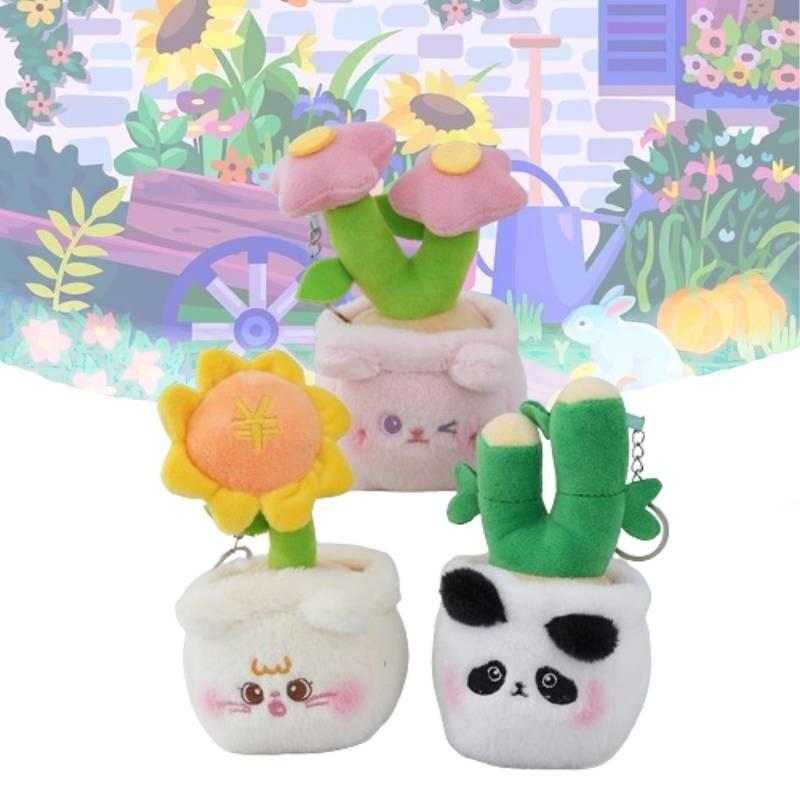 Fashion Plush Keychain Cute Potted Sunflower Kitten Green Bamboo Doll Pendant