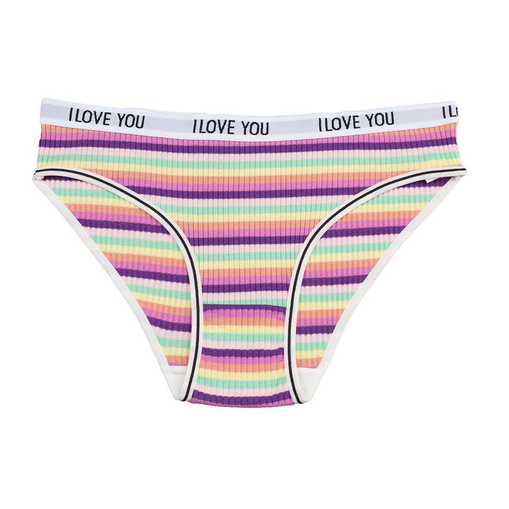 Women's Pure Cotton Ribbed Low Waist Panties: Colorful Letter, Breathable, Double-Layer Crotch, Striped Design for Girls.