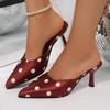 Damen Polka-Dot Spitz zulaufende Geschlossene Satin Slip-On High-Heel Schuhe, Weinrot Stiletto-Stil.