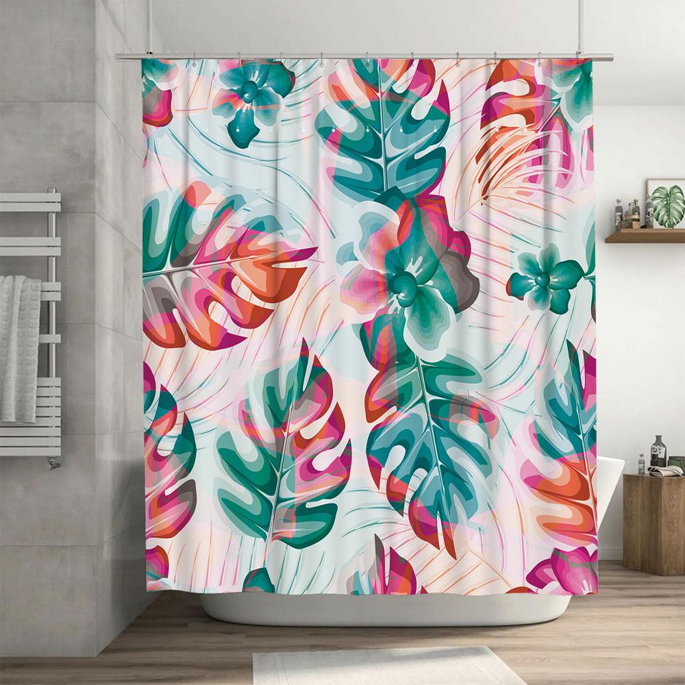 Summer Greenery Shower Curtain Fabric Print Home Decoration Waterproof Bathroom Rug Floral Leaf Pattern, Pink Blue White Orange