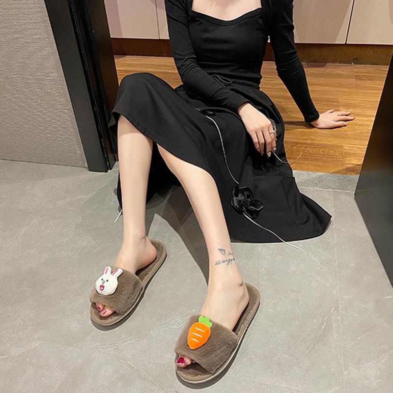 Cotton Slippers for Women, Cute Radish Rabbits In Autumn and Winter, Indoor Home Plush Postpartum Warmth, One Word Slippers, Cartoon Slippers