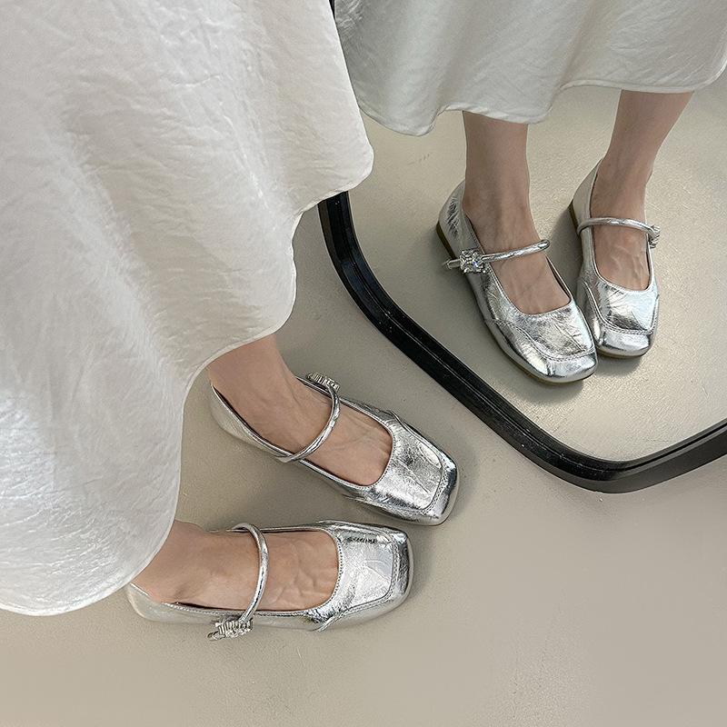 Fashion French Square Head Women's Mary Jane Shoes Spring and Summer Retro One-button British Style Square Heel Flat Single Shoes Women