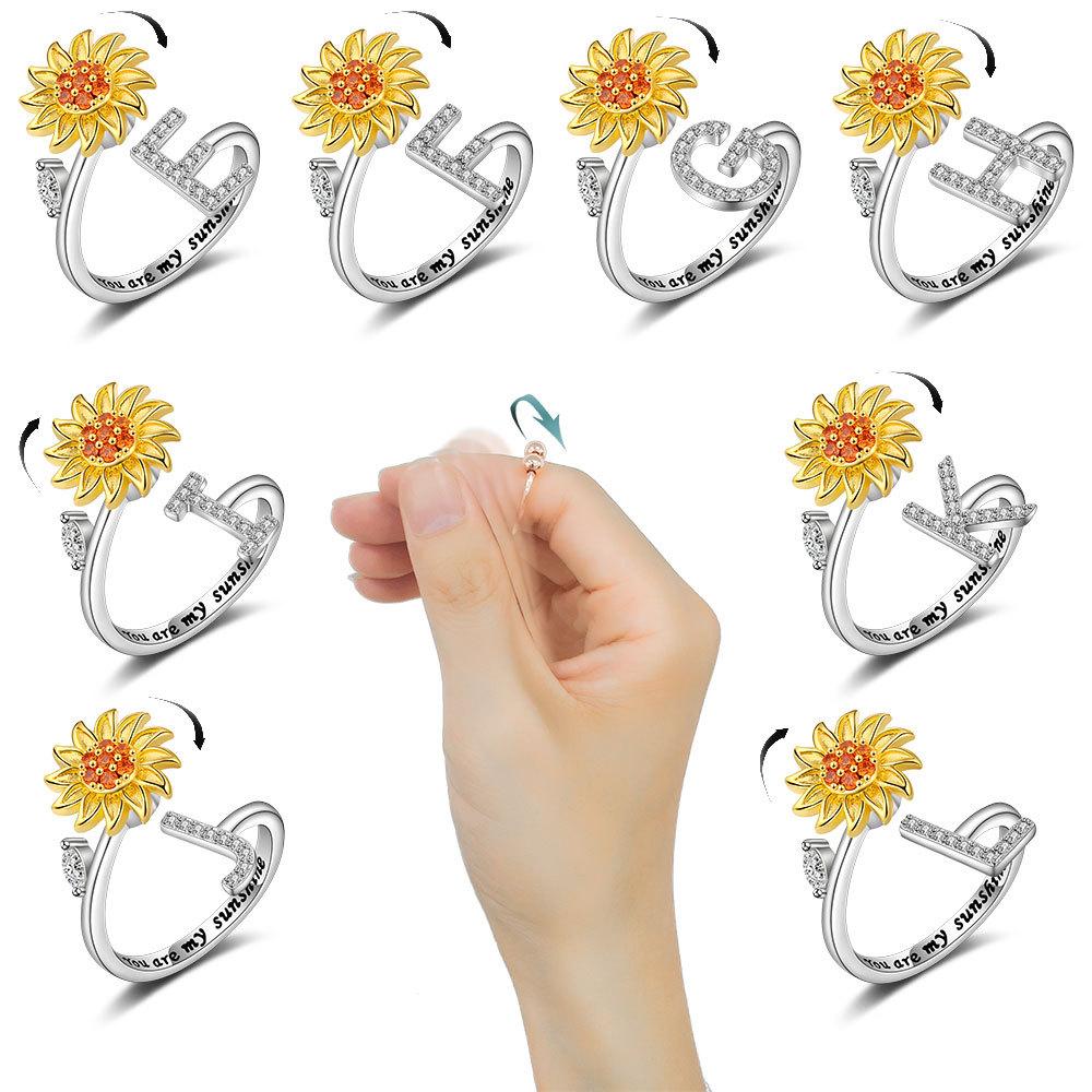 Creative Sunflower Rotating Ring 26 Letters Adjustable Open Design Women's Fashion Finger Jewelry Daily Wear & Gift Accessories