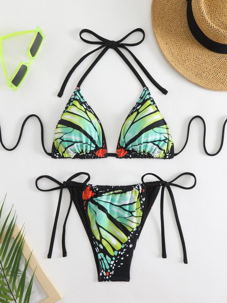 Butterfly Print Deep V Backless Bikini