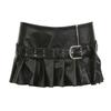 Women's Spice Girls Studded Belt Split Fashion Street Sexy Low Waist A-Line Leather Pleated Skirt