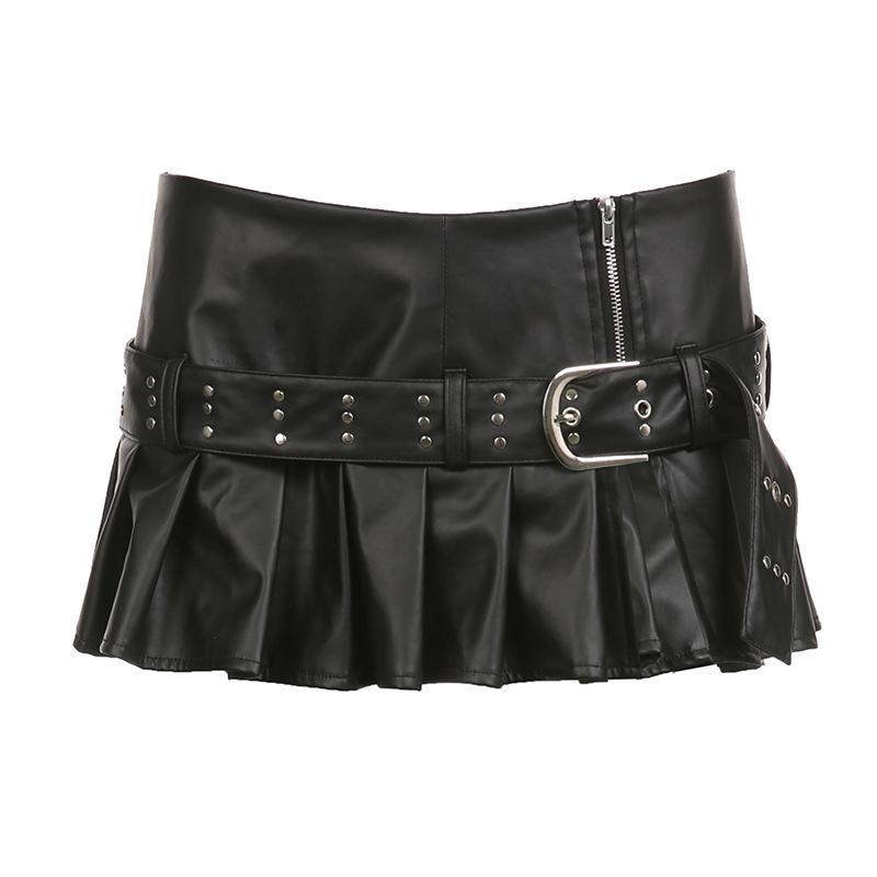 Women's Spice Girls Studded Belt Split Fashion Street Sexy Low Waist A-Line Leather Pleated Skirt