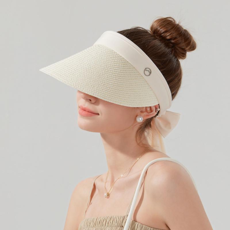

Summer Breathable Straw Hat Women Wide Brim Sun Protection Floppy Hat For Travel And Leisure Cream Ribbon