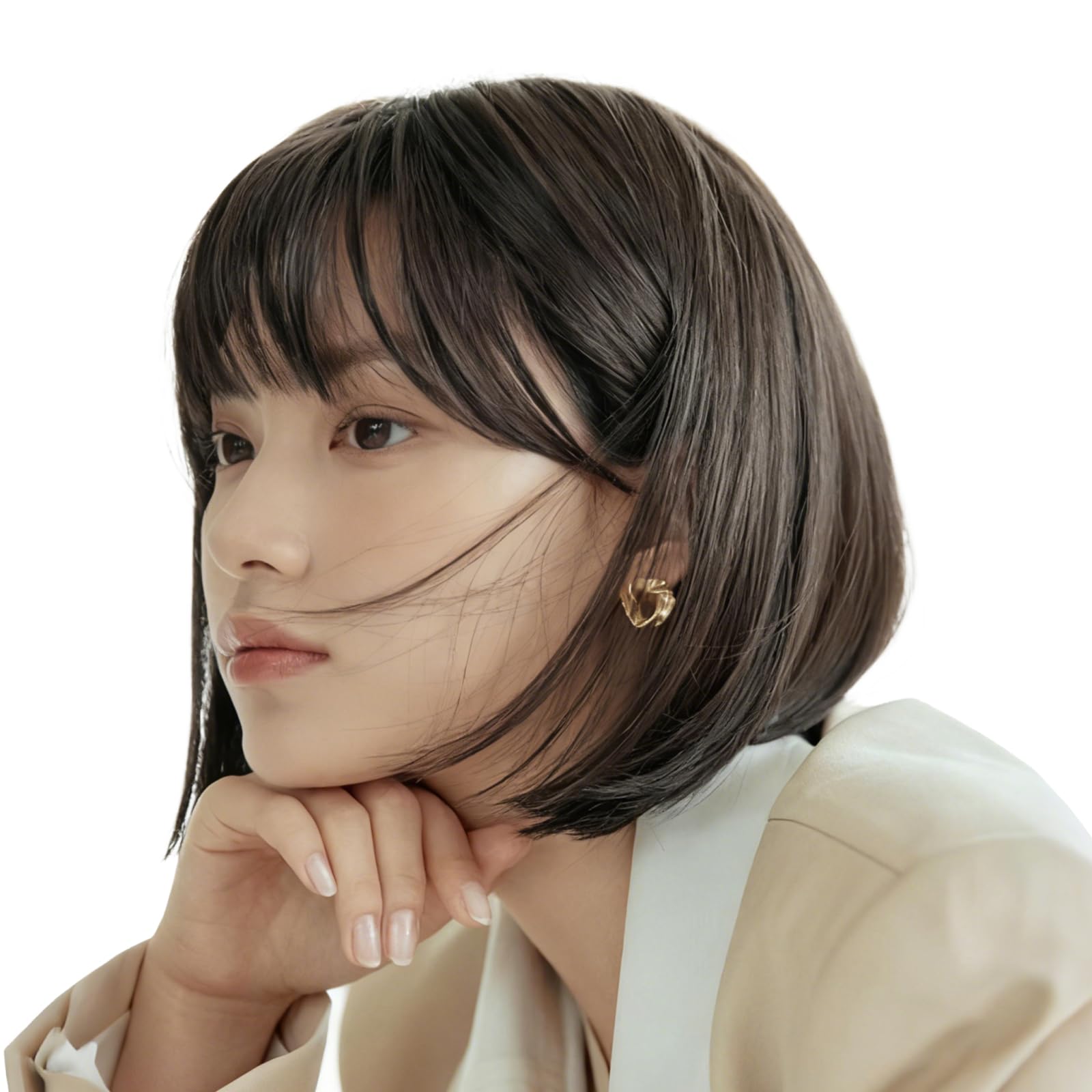 

PEACOCO Bob Black Dark Casual Korean Harajuku Natural Full Slimming Heat Net Black Brown Wig, Hair, Short, Brown, Cute, Style, Breathable,