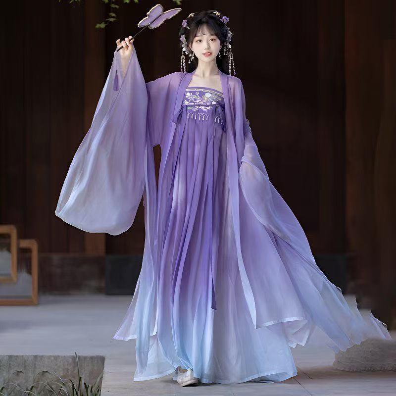 Womens Tang Dynasty Style Hanfu Dress With Embroidered Gradient Skirt Wide Sleeve Ruqun Daily Wear
